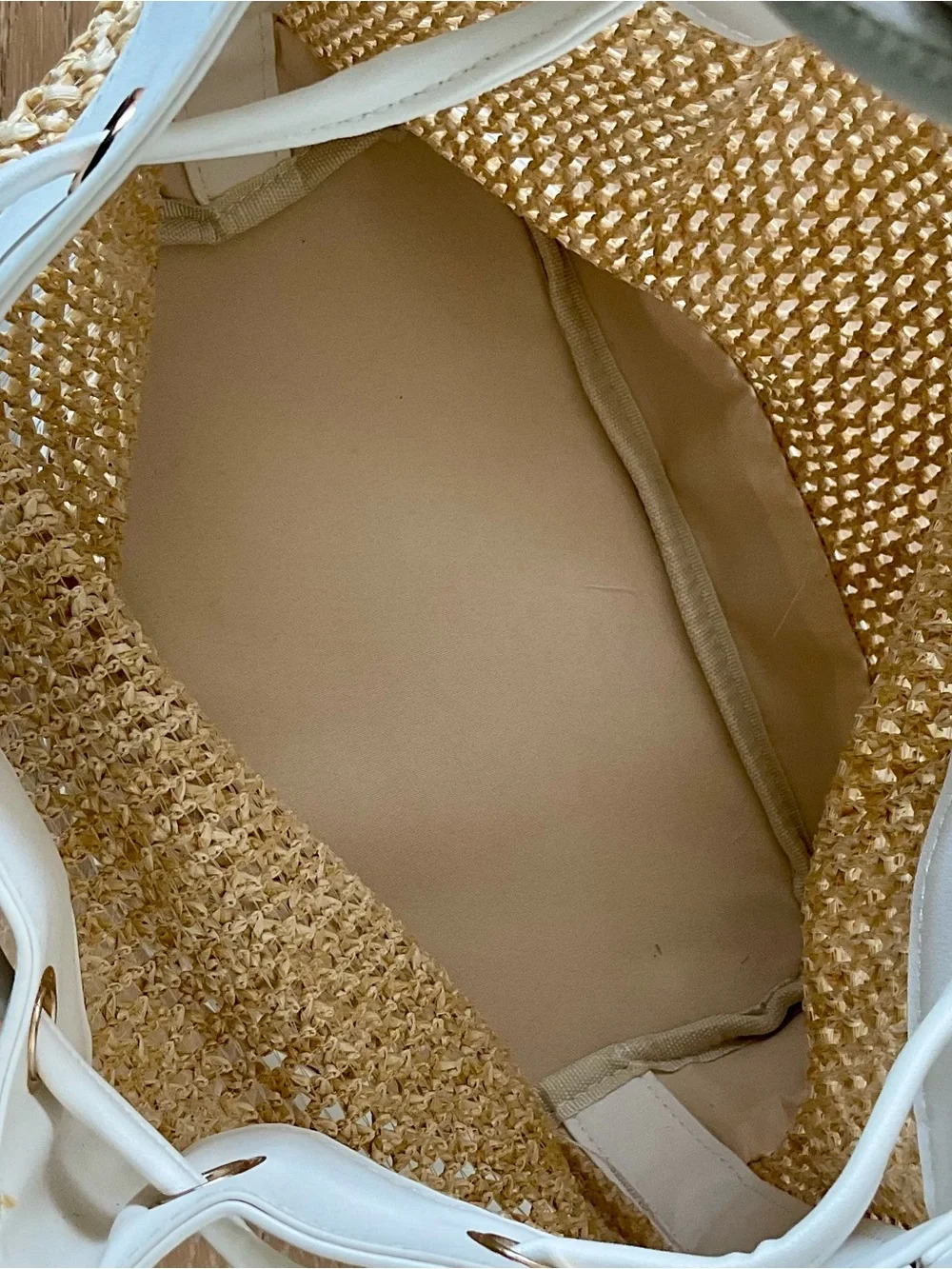 Saks Fifth Avenue White and Natural Woven Drawstring Bucket Bag